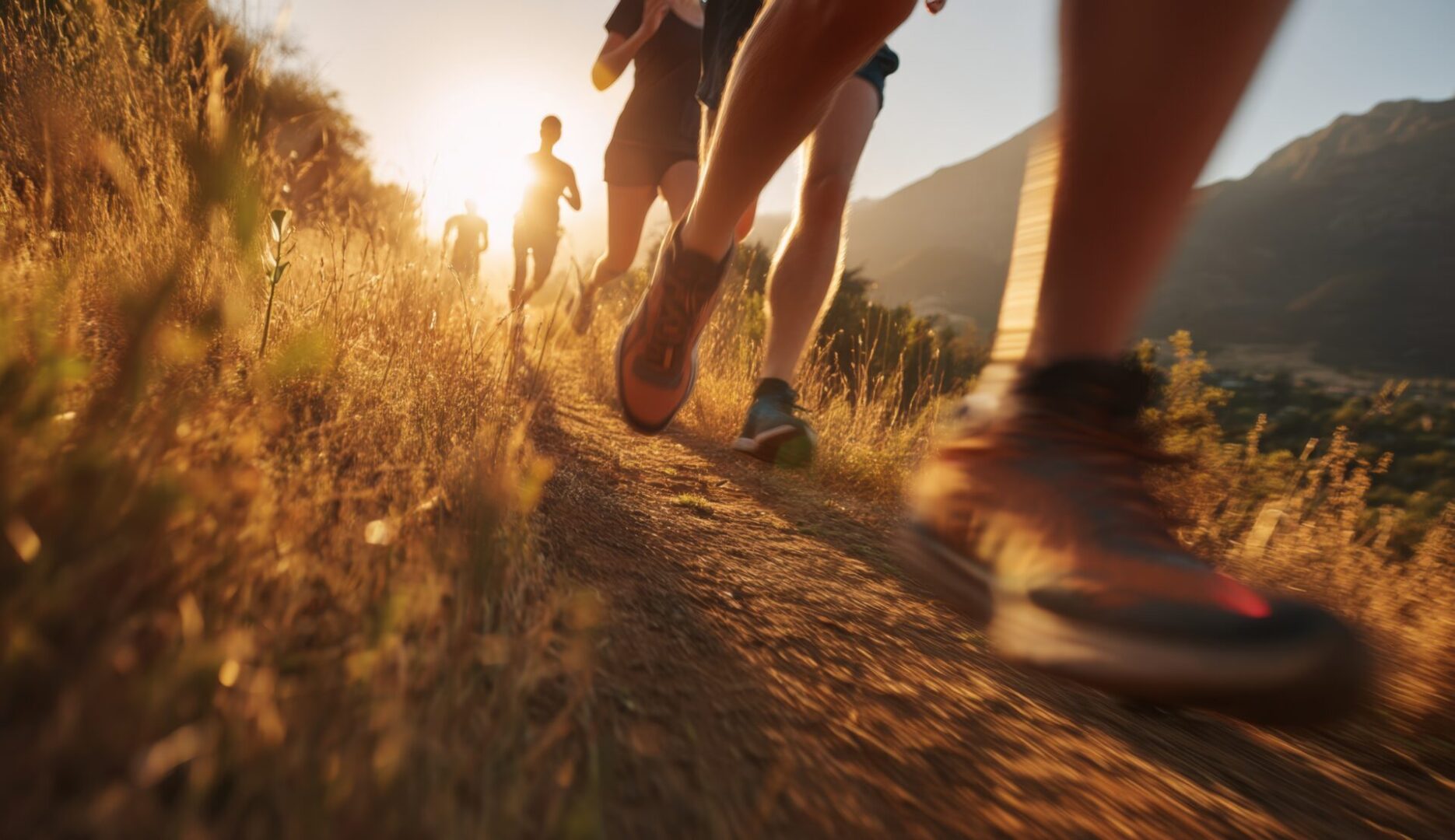 Des coureurs sprintent sur des sentiers dorés au lever du soleil, profitant d'un mode de vie sain en plein air