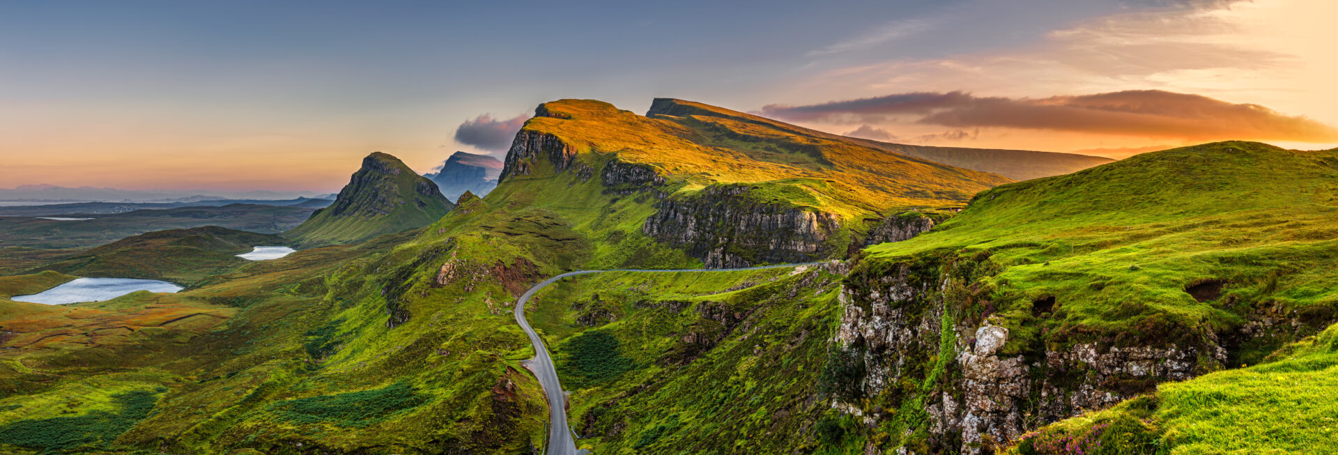 Quiraing mountains sunset at isle of skye, scottland, united kin
