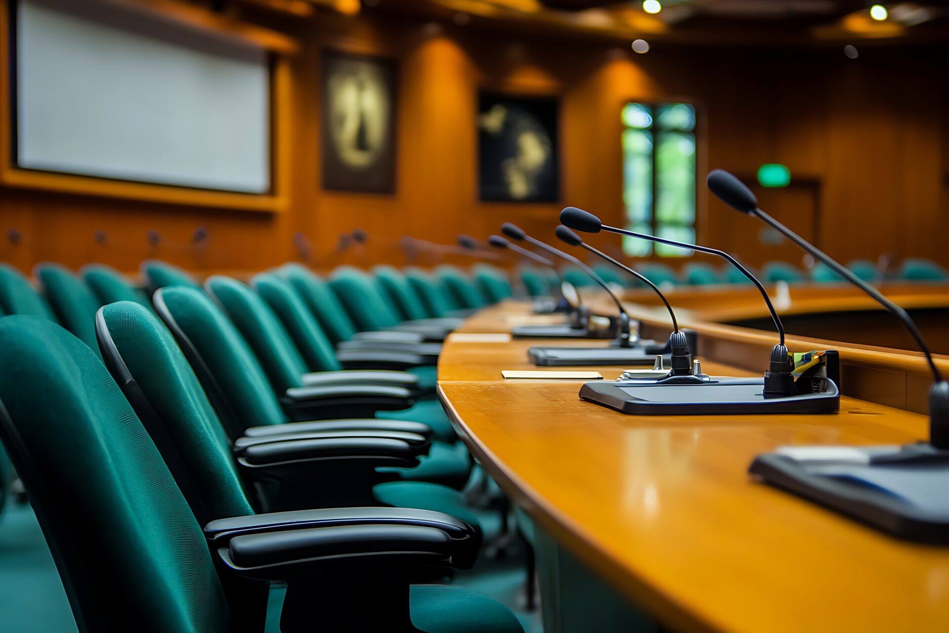 Formal meeting room with microphones and chairs